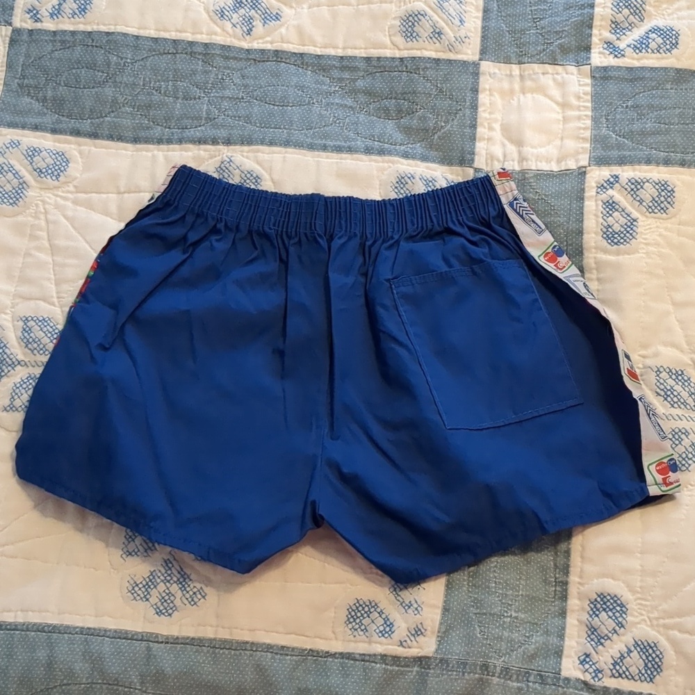 70s Italian Kitschy Blue Running Shorts Credit Card Graphics XSmall - Picture 4 of 5